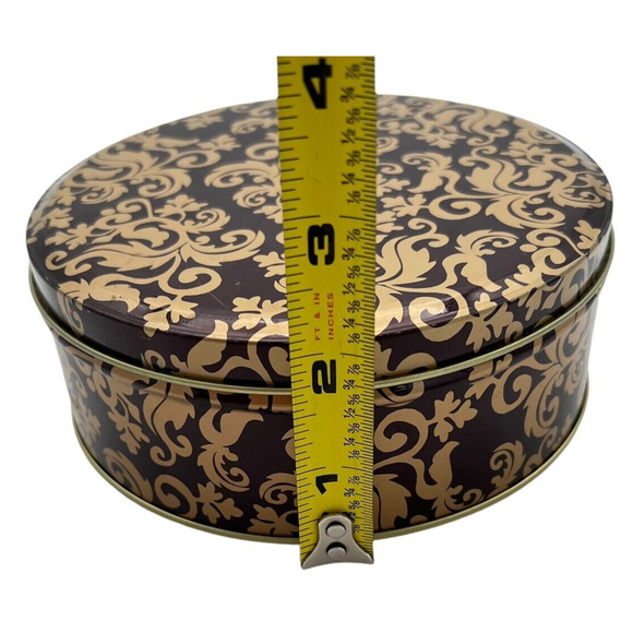 Vintage Round Gold Brown Metal Trinket Box Gift Tin Storage Ornate Leaf Pattern - Picture 6 of 6